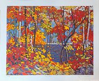 Full view of the lithograph print showing vibrant autumn forest scene with a pool of water, signed and numbered, title handwritten below the image.