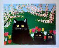 Full view of Three Black Cats print by Maud Lewis showing colorful cats and floral background.