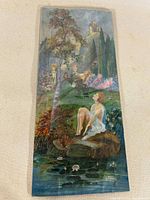 Full view of the elongated vertical oil painting showing a woman by a pond with castle hill in background.