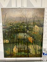 Full view of the oil painting showing the entire forest scene with trees, houses, and pathways.