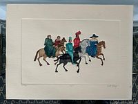 Full view of the coloured etching showing five riders on horseback in vibrant historic or theatrical costumes, centered on textured white paper.