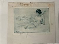 Full view of the etching showing seated nude winged woman and ships, signed and numbered.