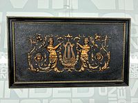 Full view of the rectangular framed copper panel showing the entire art piece with neoclassical figures and lyre motif.