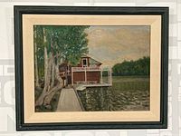 Framed oil painting showing entire dock scene with tree and boathouse