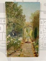 Full view of the oil painting depicting garden path, fountain, floral bushes and trees.