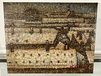 Full view of signed oil painting depicting abstract architectural forms with textured brush strokes and earthy tones.