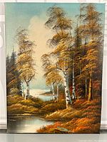 Full view of the oil on canvas painting showing the forest and river scene with birch trees in autumn colors.
