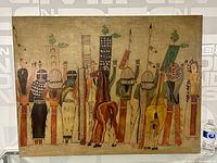 Full front view of the large oil painting showing a line of stylized indigenous people and two horses from behind with raised hands.