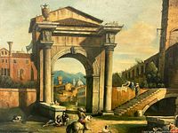 Full view of 40×40-inch oil painting showing central arch, columns, figures on horseback and bathing