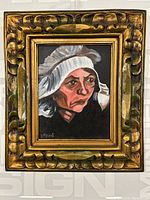 Full view of the framed oil painting showing the portrait of an elderly woman wearing a bonnet and the ornate golden frame.