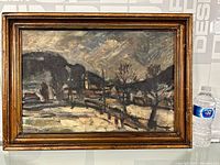 Full view of framed landscape painting with scale reference (water bottle)