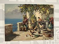 Full view of the framed oil painting showing the coastal garden scene with a woman, chickens, potted plants, and sea view.