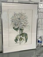 Full framed watercolour painting of a white dahlia flower by Julie Snider shown with water bottle for scale.