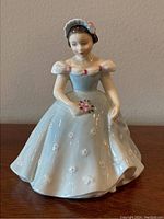 Front view of the Royal Doulton bridesmaid figurine in a blue dress, holding a small bouquet and wearing a matching hat.