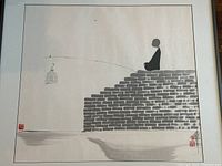 Close-up of the fishing figure sitting on brick steps with birdcage on line painted in minimalist style.