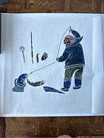 Full view of the signed Inuit art print showing a man in traditional clothing ice fishing, including fishing tools and fish, on delicate white paper.