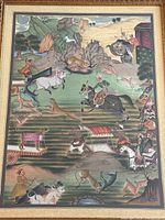 Frontal view of the framed Mughal style textile painting showing the full hunting scene and frame condition.