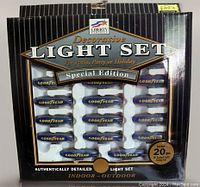Box front showing branding and that it contains a special edition decorative light set of 20 Goodyear blimp lights for indoor and outdoor use.