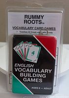 Rummy Roots Vocabulary Card Game packaging front showing teaching English vocabulary roots for ages 8 to adult.