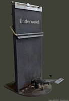 Front perspective of the black metal copy holder showing 'Underwood' branding and the mechanical paper advancing lever at the bottom, mounted on a flat base.