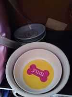 Close-up of solid grey ceramic bowl with yellow and pink bone decal and 'yum' text inside