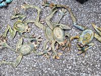 Five metal frog decorations with painted eyes and spots displayed on the ground, showing varied poses and weathered paint.