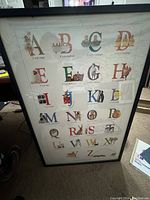 Full view of the framed alphabet print with letters A to Z and illustrations.