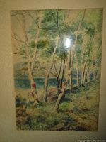 Close-up photo of the watercolor painting depicting birch trees near water, showing signature and date.