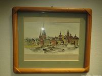 Overall view of the framed watercolour painting of Stockholm harbour showing the wooden frame and full artwork.