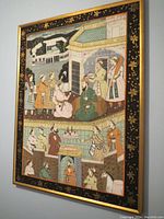 Full image of large silk painting showing Moghul court scene with multiple figures and architectural elements in soft colors.