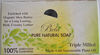 Box label showing Bela Pure Natural Soap branding and product benefits including organic shea butter, triple milled, and sustainable plant oil.