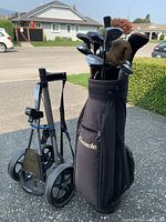 Golf bag with Pinnacle logo filled with golf clubs standing next to a silver and black trolley cart on pavement with houses in background.