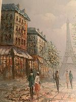 Close-up of Henri Rogers original painting depicting Paris street and Eiffel Tower