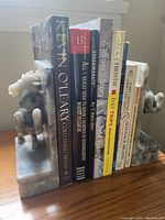 Front view of the bookends holding seven books, showing the horse sculptures and some book titles.