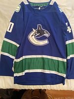 Front view of blue Vancouver Canucks hockey jersey with green and white stripes and large orca logo in center.