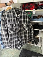 Hanging black and grey plaid heavy work shirt, size 2XL shown clearly.