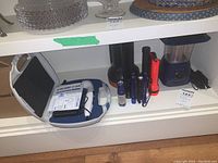 US Pro 2000 portable ultrasound in case with six assorted flashlights alongside.