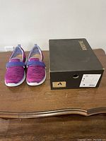 Front view of pink and purple Anodyne orthopedic shoes size 8 with box.