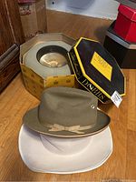 Three men's felt hats displayed with vintage-style boxes from Dobbs and Biltmore brands, one hat is olive green with a light brown ribbon bow.