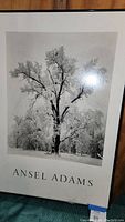 Framed black and white print of an oak tree covered in snow, labeled 'Ansel Adams'. Image shows the whole framed print with visible lighting glare and a scratch.