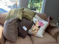 Photo of several decorative pillows and two baskets on a couch, showing colors and condition of pillows including giraffe designs and earth tones
