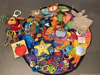 Photo showing all tummy time mat with sensory toys and books arranged for overview.