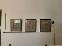 Three Asian art paintings framed in gold-colored frames hung on a wall, showing overall look and arrangement.