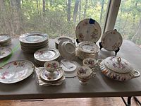 Wide overview photo of all plates, cups, saucers, and tureen arranged on table near window