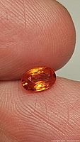 Close-up macro image of oval cut natural sapphire held between fingers showing the vibrant intense deep orange color and good clarity with reflective facets.