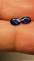 Close-up photo of pair of oval royal blue Ceylon sapphires placed on fingertip showing size, cut, and color of the stones.