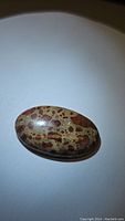 Oval polished cabochon gemstone with reddish-brown and beige mottled pattern under bright lighting, showing natural jasper pattern.