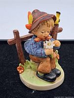 Front and side view showing the boy seated on a grassy base, holding a daisy with petals.