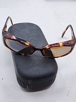 Full view of sunglasses resting on black Maui Jim case