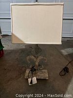 Full view of lamp with rectangular fabric shade included, showing the lamp's height and overall shape.